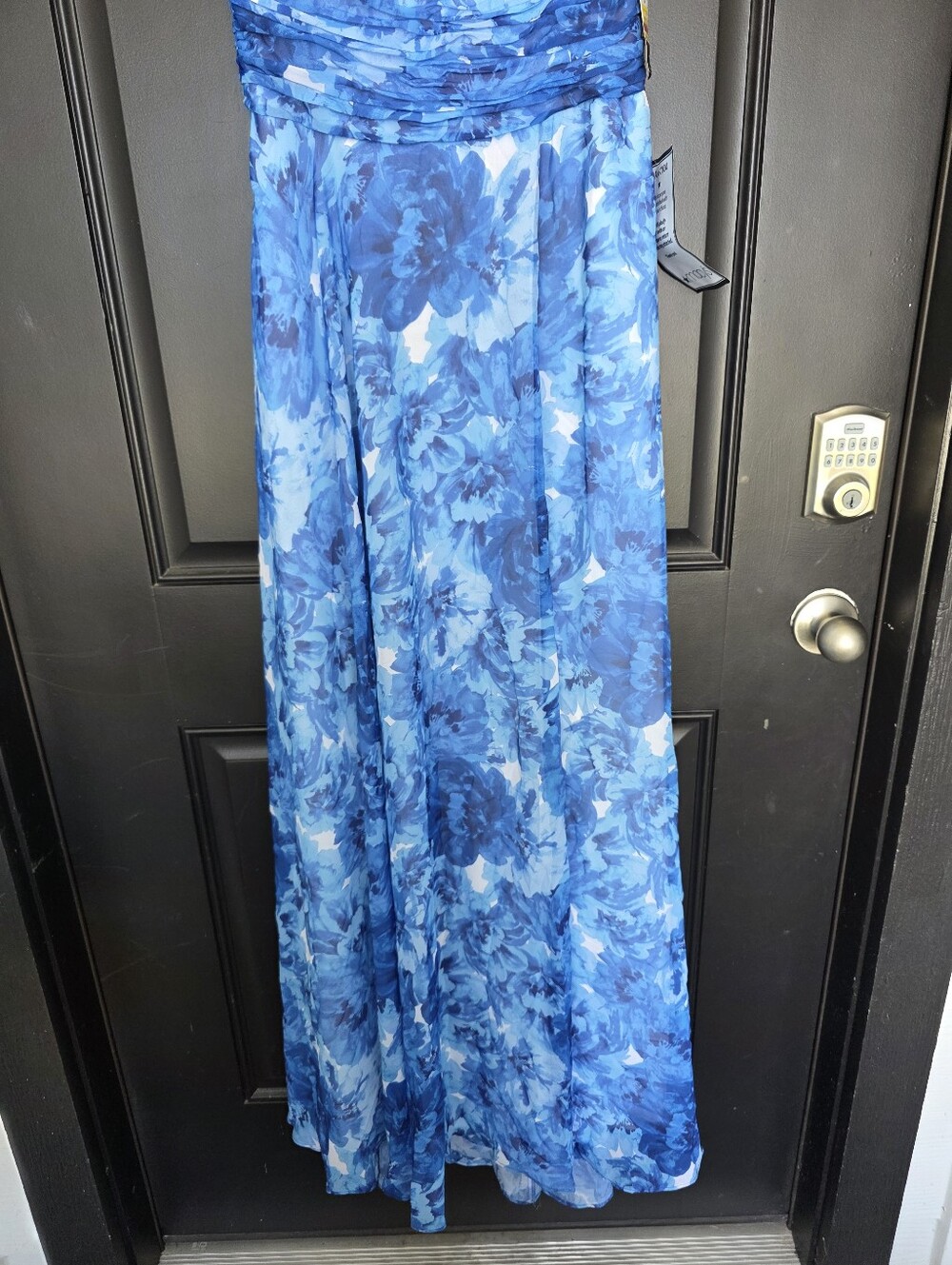 NWT Betsy & Adam Blue Floral Chiffon V Neck Pleated Maxi Gown Dress 6 $259 - Picture 7 of 15